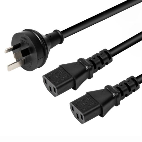 Picture of 2M Y Power Cord. 3-Pin Plug to 2x IEC C13 Female Connectors 10A. SAA Approved.