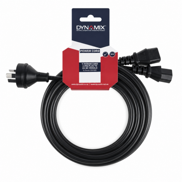 Picture of 2M Y Power Cord. 3-Pin Plug to 2x IEC C13 Female Connectors 10A. SAA Approved.