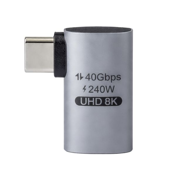 Picture of USB-C Side-bend Male/Female Adapter. Supports USB4.0 Sliver Aluminium Shell.