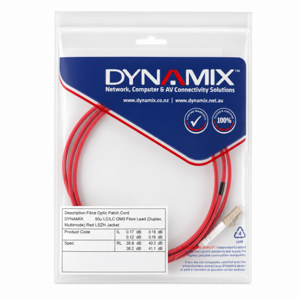 Picture of 1M 50u LC/LC OM3 Fibre Lead Duplex Multimode LSZH Jacket (RED)