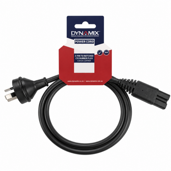 Picture of 1M 3-Pin to Notched C15 Rubber Flex SAA Approved Power Cable 1.0mm Copper Core Black
