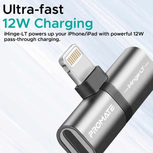 Picture of 2-in-1 Audio & Charging Adaptor Lightning Connector. 2A Pass Through Charging. Grey