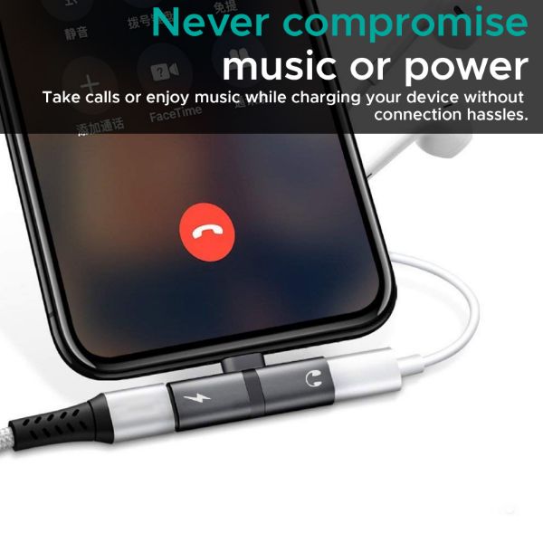 Picture of 2-in-1 Audio & Charging Adaptor Lightning Connector. 2A Pass Through Charging. Grey