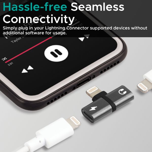 Picture of 2-in-1 Audio & Charging Adaptor Lightning Connector. 2A Pass Through Charging. Grey