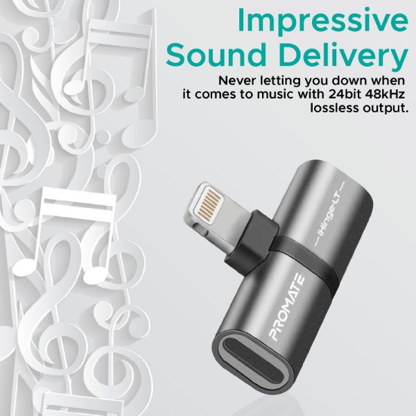 Picture of 2-in-1 Audio & Charging Adaptor Lightning Connector. 2A Pass Through Charging. Grey