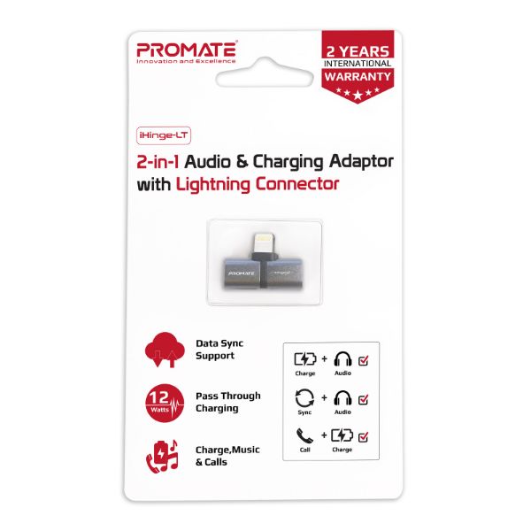 Picture of 2-in-1 Audio & Charging Adaptor Lightning Connector. 2A Pass Through Charging. Grey