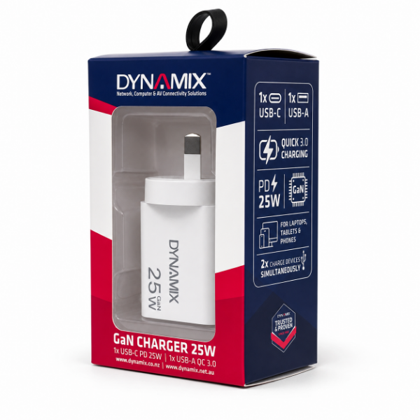 Picture of 25W 5V/3A GaN PD Wall Charger Dual USB-C & USB-A Ports