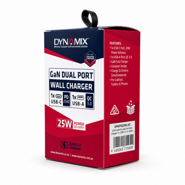 Picture of 25W 5V/3A GaN PD Wall Charger Dual USB-C & USB-A Ports