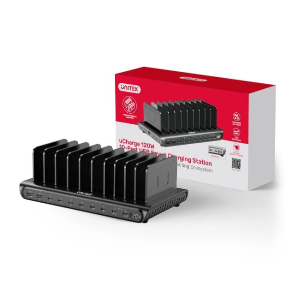 Picture of 10-Port 120W Smart Charging Station. 8x USB-C & 2x USB-A