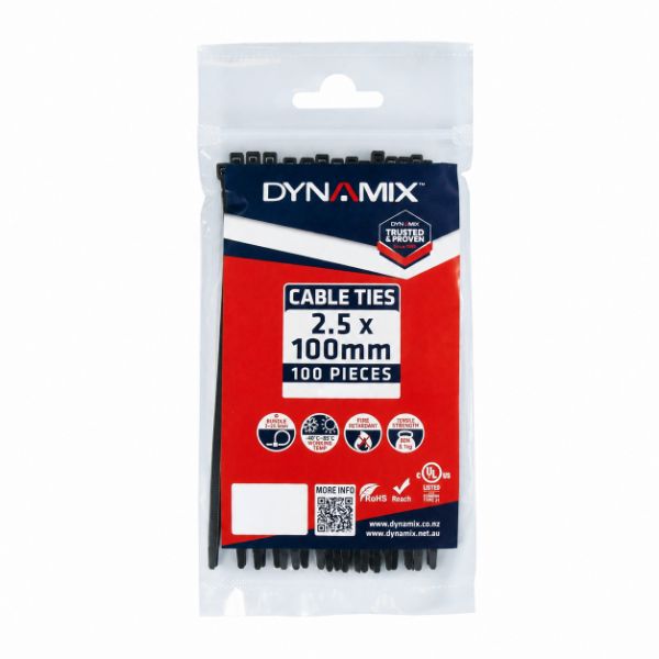 Picture of 2.5 x 100mm UV Black Cable Ties Pack of 100 80N/8.1kgs Tensile Strength