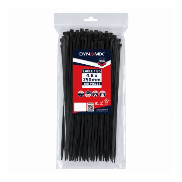 Picture of 4.8 x 250mm UV Black Cable Ties Pack of 100 230N/23.4kgs Tensile Strength