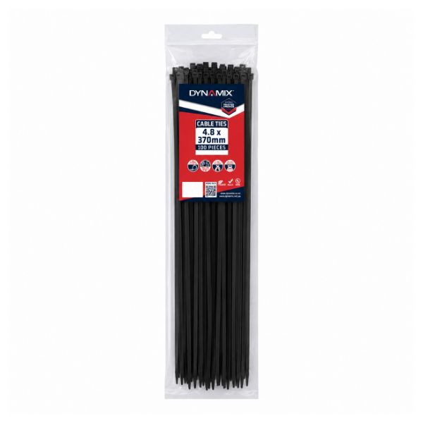 Picture of 4.8 x 370mm UV Black Cable Ties Pack of 100 230N/23.4kgs Tensile Strength