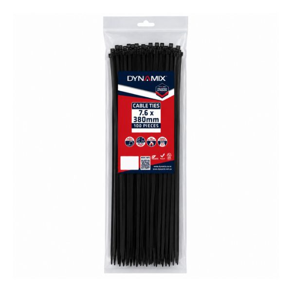 Picture of 7.6 x 380mm UV Black Cable Ties Pack of 50 540N/55.1kgs Tensile Strength