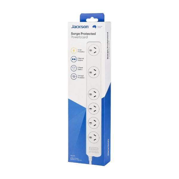 Picture of 6-Way Powerboard Surge Protected w/ 2x double spaced Ports. 1m Power cord
