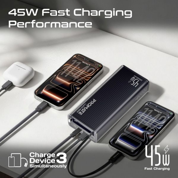 Picture of 20000mAh 45W PD Power Bank with Retractable USB-C Cable & LED Display. Black Clear-case.