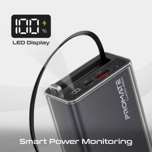 Picture of 20000mAh 45W PD Power Bank with Retractable USB-C Cable & LED Display. Black Clear-case.