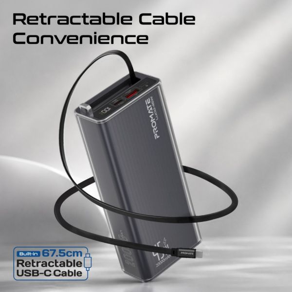 Picture of 20000mAh 45W PD Power Bank with Retractable USB-C Cable & LED Display. Black Clear-case.