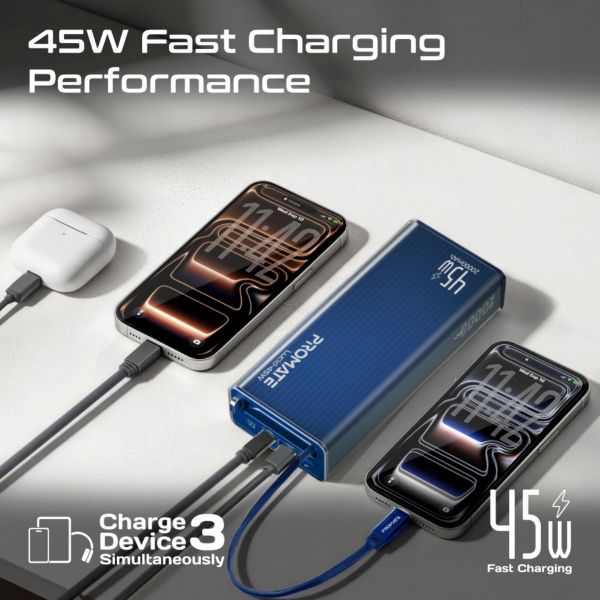 Picture of 20000mAh 45W PD Power Bank with Retractable USB-C Cable & LED Display. Blue Clear-case.