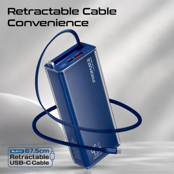 Picture of 20000mAh 45W PD Power Bank with Retractable USB-C Cable & LED Display. Blue Clear-case.