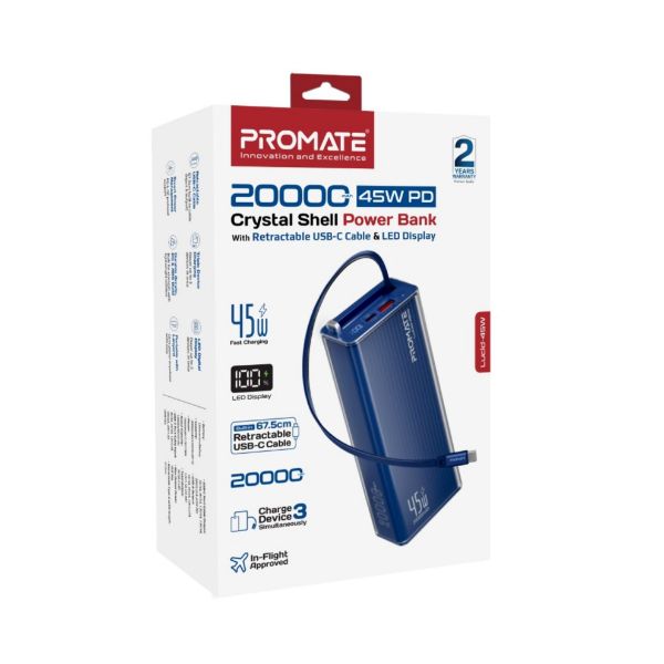 Picture of 20000mAh 45W PD Power Bank with Retractable USB-C Cable & LED Display. Blue Clear-case.