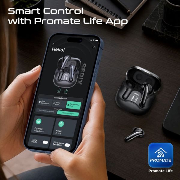Picture of 6-Mic ANC App Controlled Earbuds with Wireless Charging 32 Hours Playback. Black