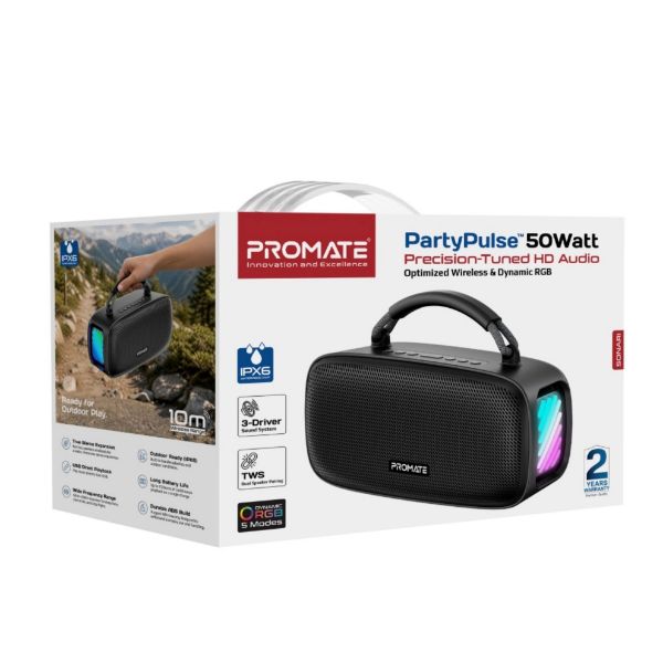 Picture of 50W PartyPulse RGB Wireless Speaker. 15 Hours Playback, IPX6, TWS, Black