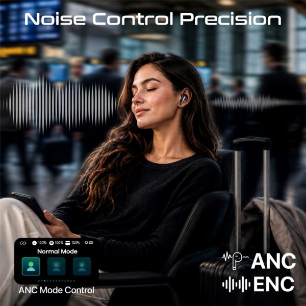 Picture of HD TWS Earbuds with ANC, ENC, & Smart Touch Display. 40 Hours Playback. Black