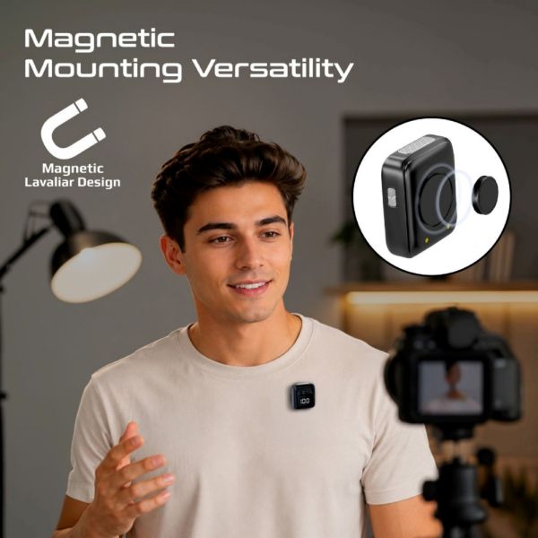 Picture of Dual Magnetic Wireless Lavalier Mic with Charging Case. Dual Mic's 130M Range