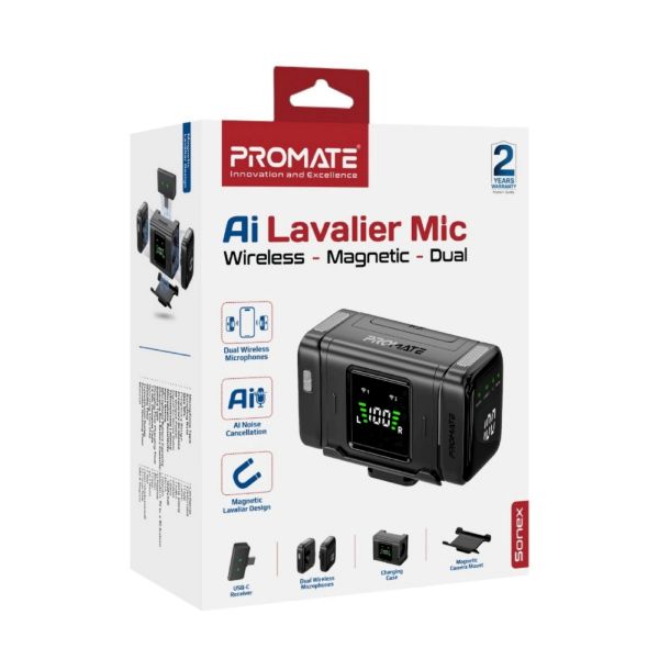 Picture of Dual Magnetic Wireless Lavalier Mic with Charging Case. Dual Mic's 130M Range