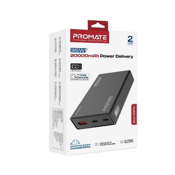 Picture of 20000mAh Super Slim Smart Charging Power Bank 35W Dual USB-C & 1x USB-A. Black